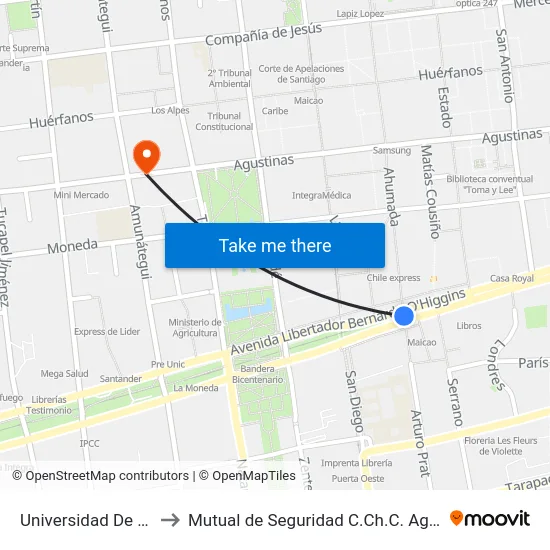 Universidad De Chile to Mutual de Seguridad C.Ch.C. Agustinas map