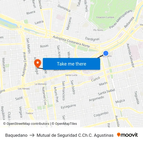 Baquedano to Mutual de Seguridad C.Ch.C. Agustinas map