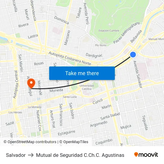 Salvador to Mutual de Seguridad C.Ch.C. Agustinas map