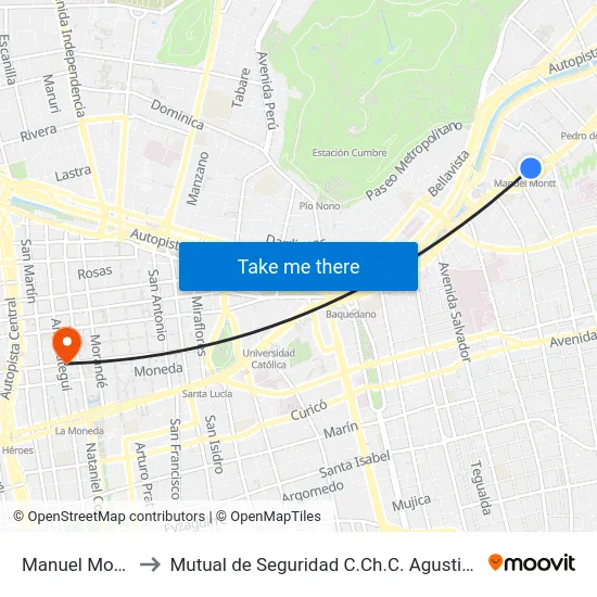 Manuel Montt to Mutual de Seguridad C.Ch.C. Agustinas map