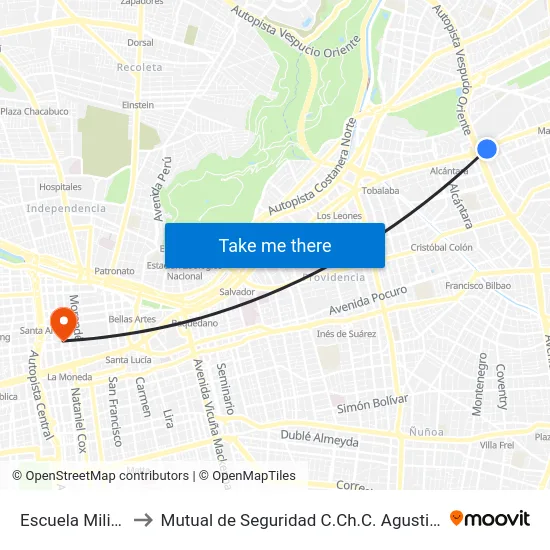 Escuela Militar to Mutual de Seguridad C.Ch.C. Agustinas map