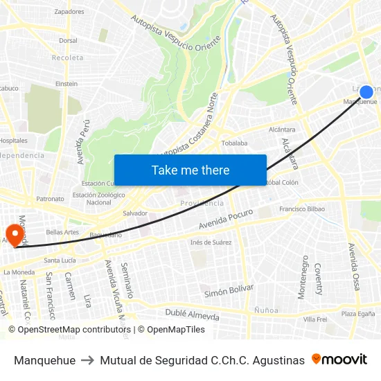 Manquehue to Mutual de Seguridad C.Ch.C. Agustinas map