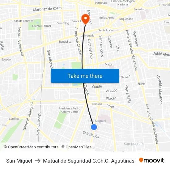 San Miguel to Mutual de Seguridad C.Ch.C. Agustinas map