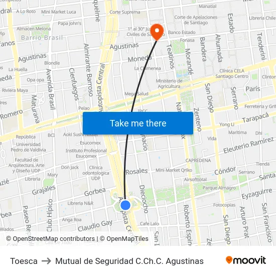 Toesca to Mutual de Seguridad C.Ch.C. Agustinas map
