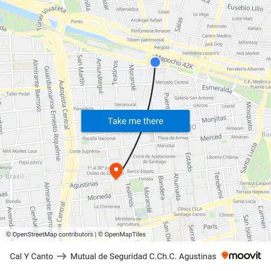 Cal Y Canto to Mutual de Seguridad C.Ch.C. Agustinas map