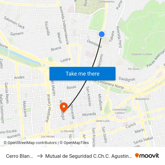 Cerro Blanco to Mutual de Seguridad C.Ch.C. Agustinas map