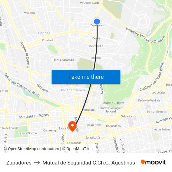 Zapadores to Mutual de Seguridad C.Ch.C. Agustinas map