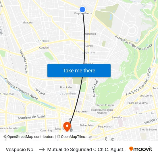 Vespucio Norte to Mutual de Seguridad C.Ch.C. Agustinas map