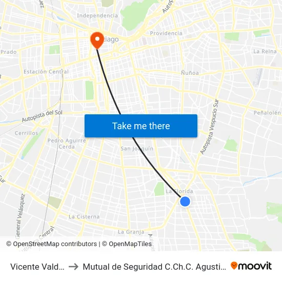 Vicente Valdés to Mutual de Seguridad C.Ch.C. Agustinas map