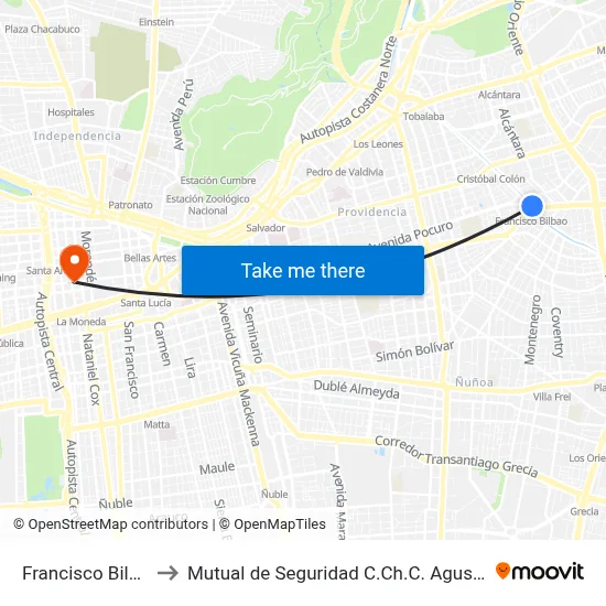 Francisco Bilbao to Mutual de Seguridad C.Ch.C. Agustinas map