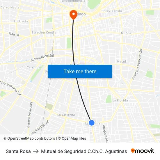 Santa Rosa to Mutual de Seguridad C.Ch.C. Agustinas map