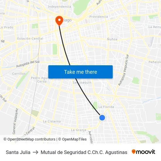 Santa Julia to Mutual de Seguridad C.Ch.C. Agustinas map