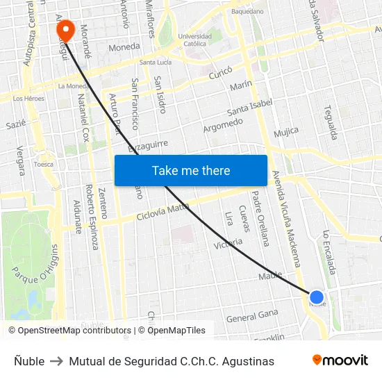Ñuble to Mutual de Seguridad C.Ch.C. Agustinas map