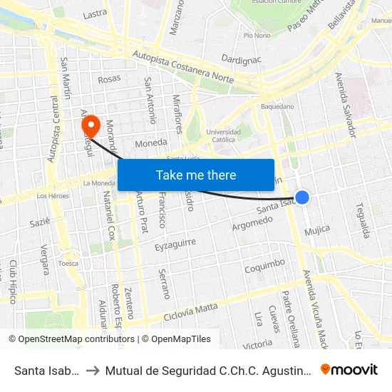 Santa Isabel to Mutual de Seguridad C.Ch.C. Agustinas map