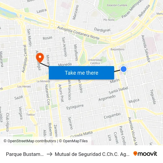 Parque Bustamante to Mutual de Seguridad C.Ch.C. Agustinas map