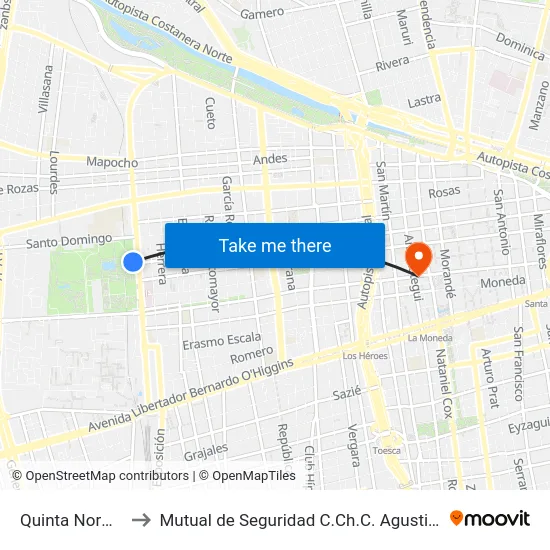 Quinta Normal to Mutual de Seguridad C.Ch.C. Agustinas map