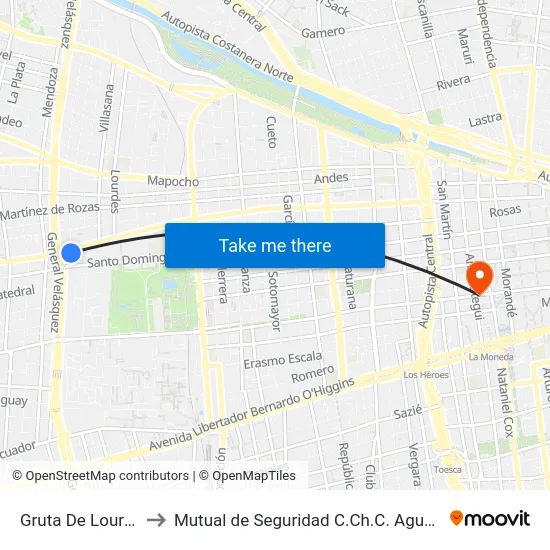 Gruta De Lourdes to Mutual de Seguridad C.Ch.C. Agustinas map