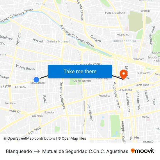 Blanqueado to Mutual de Seguridad C.Ch.C. Agustinas map