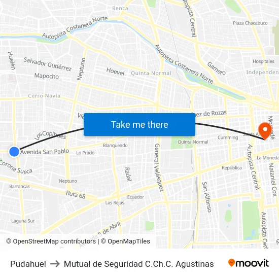 Pudahuel to Mutual de Seguridad C.Ch.C. Agustinas map
