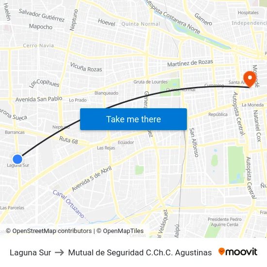 Laguna Sur to Mutual de Seguridad C.Ch.C. Agustinas map