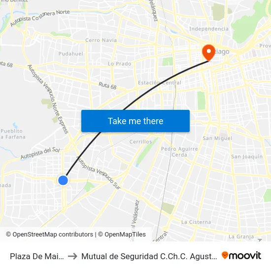 Plaza De Maipú to Mutual de Seguridad C.Ch.C. Agustinas map