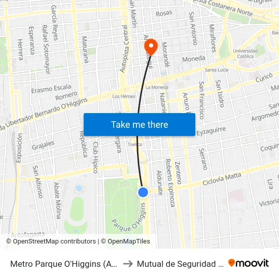 Metro Parque O'Higgins (Av. Tupper Esq. Av. Viel) to Mutual de Seguridad C.Ch.C. Agustinas map