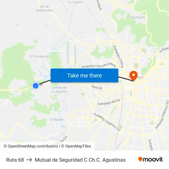 Ruta 68 to Mutual de Seguridad C.Ch.C. Agustinas map