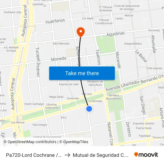 Pa720-Lord Cochrane / Esq. Alameda to Mutual de Seguridad C.Ch.C. Agustinas map