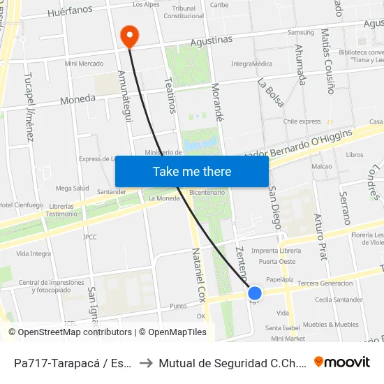 Pa717-Tarapacá / Esq. Zenteno to Mutual de Seguridad C.Ch.C. Agustinas map