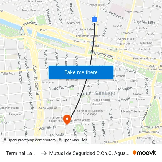 Terminal La Paz to Mutual de Seguridad C.Ch.C. Agustinas map