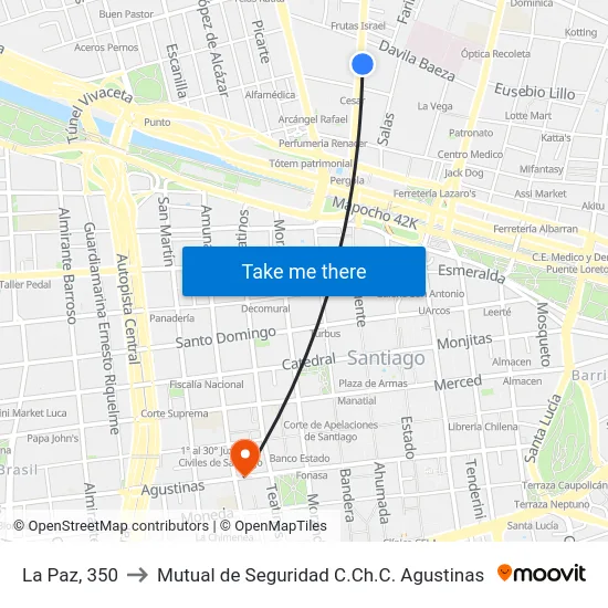 La Paz, 350 to Mutual de Seguridad C.Ch.C. Agustinas map