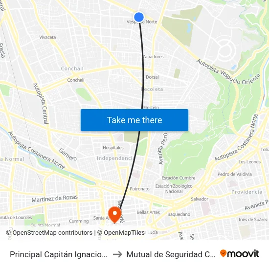 Principal Capitán Ignacio Carrera Pinto, 672 to Mutual de Seguridad C.Ch.C. Agustinas map