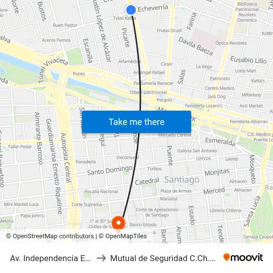 Av. Independencia Esq. Rivera to Mutual de Seguridad C.Ch.C. Agustinas map