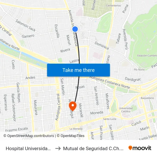 Hospital Universidad De Chile to Mutual de Seguridad C.Ch.C. Agustinas map