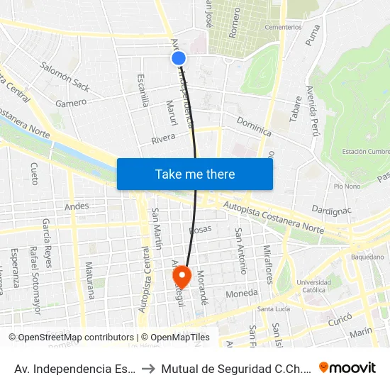 Av.  Independencia Esq. Zañartu to Mutual de Seguridad C.Ch.C. Agustinas map