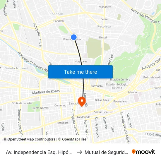 Av. Independencia Esq. Hipódromo Chile (Plaza Chacabuco) to Mutual de Seguridad C.Ch.C. Agustinas map