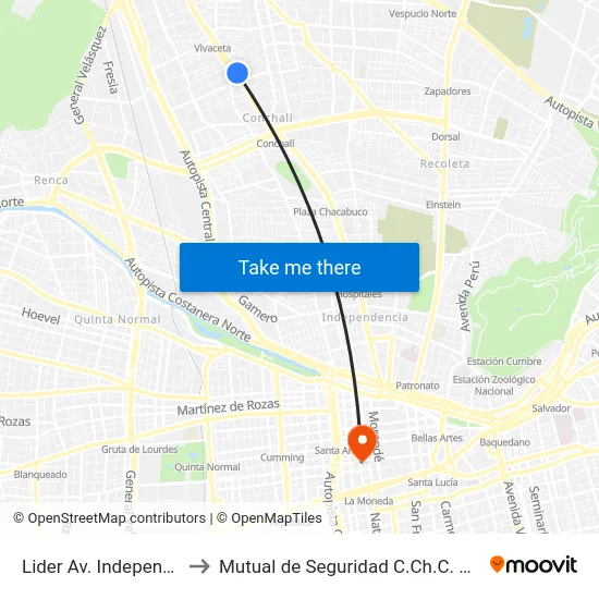 Lider Av. Independencia to Mutual de Seguridad C.Ch.C. Agustinas map