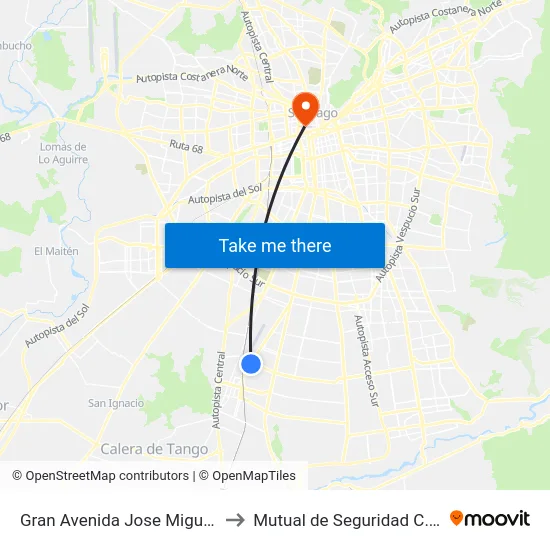 Gran Avenida Jose Miguel Carrera, 13371 to Mutual de Seguridad C.Ch.C. Agustinas map