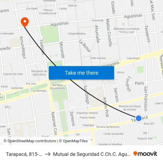 Tarapacá, 815-851 to Mutual de Seguridad C.Ch.C. Agustinas map