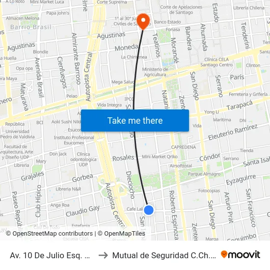 Av. 10 De Julio Esq. San Ignacio to Mutual de Seguridad C.Ch.C. Agustinas map
