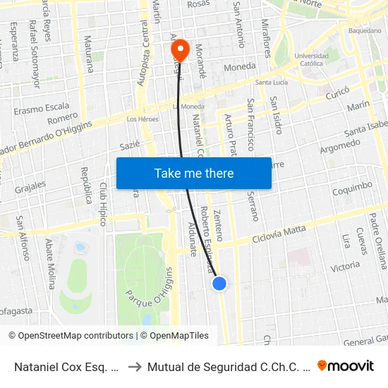 Nataniel Cox Esq. Victoria to Mutual de Seguridad C.Ch.C. Agustinas map