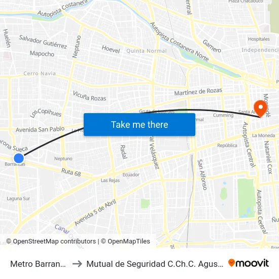 Metro Barrancas to Mutual de Seguridad C.Ch.C. Agustinas map