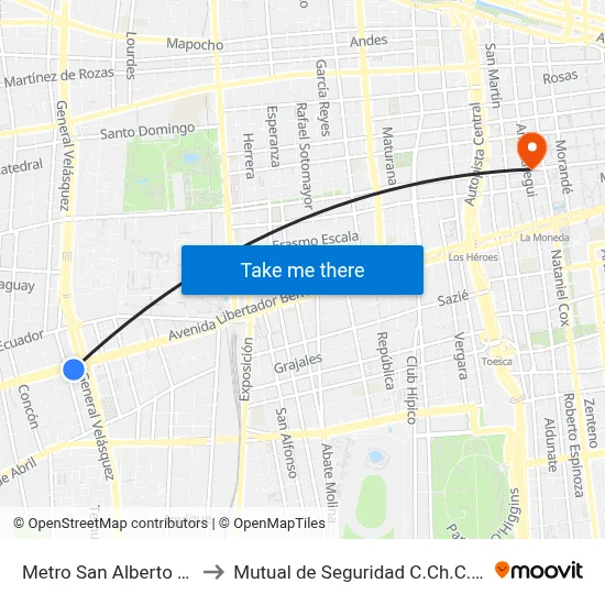 Metro San Alberto Hurtado to Mutual de Seguridad C.Ch.C. Agustinas map