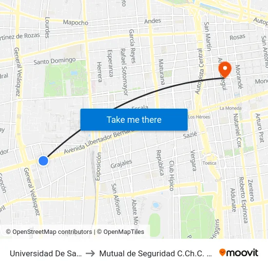 Universidad De Santiago to Mutual de Seguridad C.Ch.C. Agustinas map