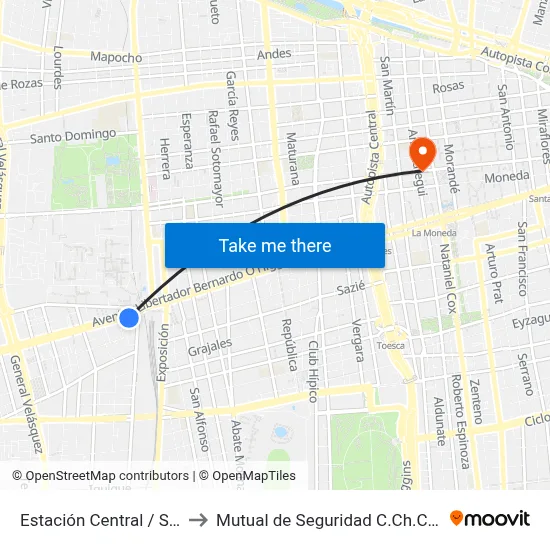 Estación Central / San Borja to Mutual de Seguridad C.Ch.C. Agustinas map