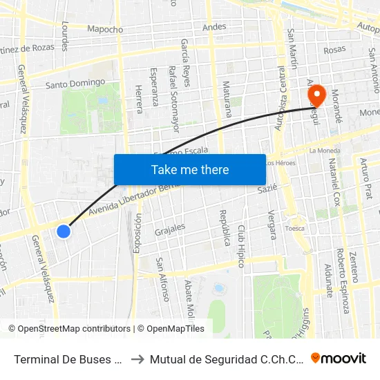 Terminal De Buses Alameda to Mutual de Seguridad C.Ch.C. Agustinas map