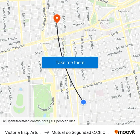 Victoria Esq. Arturo Prat to Mutual de Seguridad C.Ch.C. Agustinas map