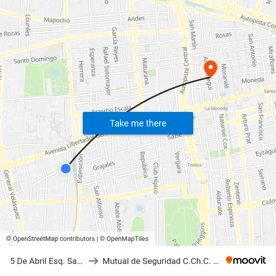 5 De Abril Esq. San Borja to Mutual de Seguridad C.Ch.C. Agustinas map