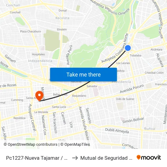 Pc1227-Nueva Tajamar / Esq. Av. Andrés Bello to Mutual de Seguridad C.Ch.C. Agustinas map