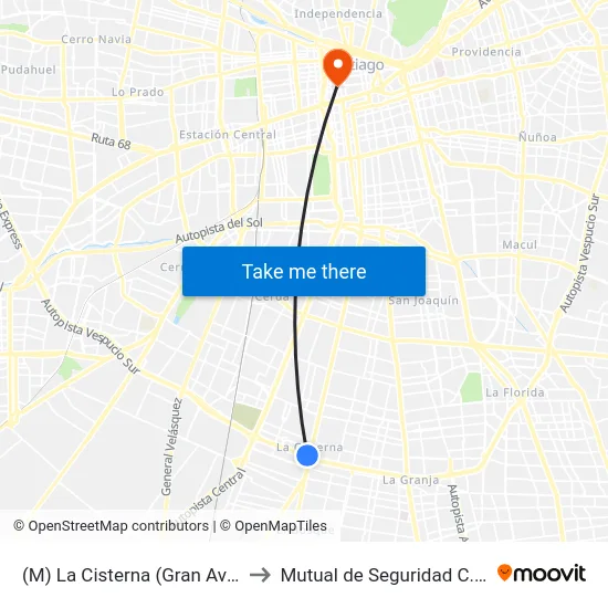 (M) La Cisterna (Gran Avenida, Parad. 25) to Mutual de Seguridad C.Ch.C. Agustinas map
